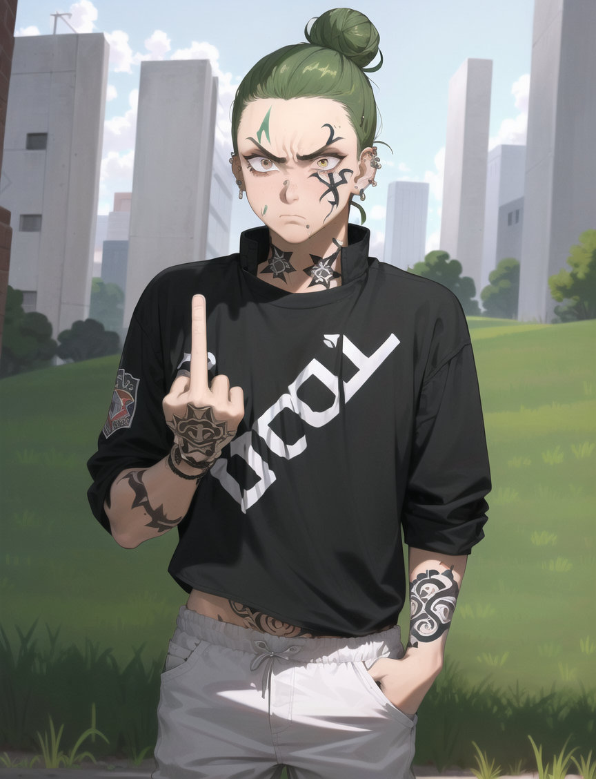 20705-3389508333-zaphn, delinquent street punk in emo style clothes standing in field holding up the middle finger, looking at viewer, 1boy, hair.png